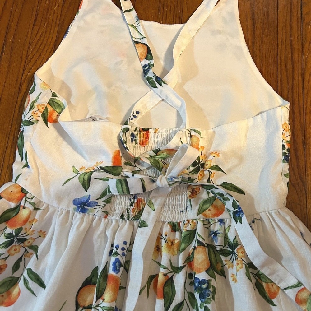 Citrus Botanical Midi Dress SZ S White Orange Mediterranean Vacation Resortwear - Picture 11 of 13